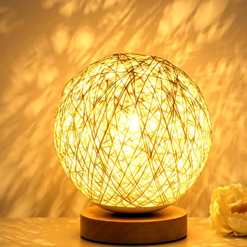 Garosa Rattan Ball Lamp, Dimmable LED Table Lamp with USB Charger, Stylish Wicker Night Light for Bedroom Living Room Wood Base 3W