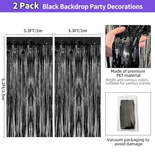 Black Tinsel Foil Fringe Curtains 3.3 x 8.2 ft, Black Fringe Backdrop for Streamers Party Decorations, Glitter Photo Backdrop for Door Decorations Hanging Birthday Bachelorette Halloween (2 Pack) - color: Black