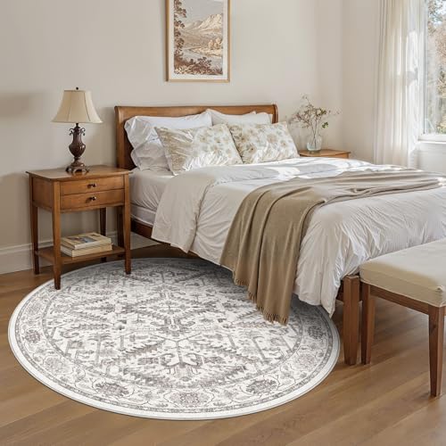 6ft Round Rug Living Room Area Rug - 6x6 Washable Circle Rugs Vintage Large Soft Non Slip Traditional Farmhouse Carpet for Bedroom Dining Room Office Indoor Floor Accent - White - color: White, size: 6' x 6'
