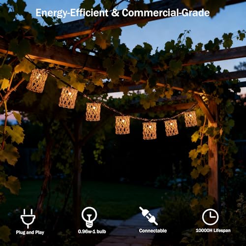 Decorative String Lights Plug in with 10 Incandescent Bulbs, Handwoven Rattan Cylinder-shaped Boho Lantern String Lights Connectable Weatherproof Outdoor Indoor for Bedroom Patio Pergola Decor (Beige) - color: Beige