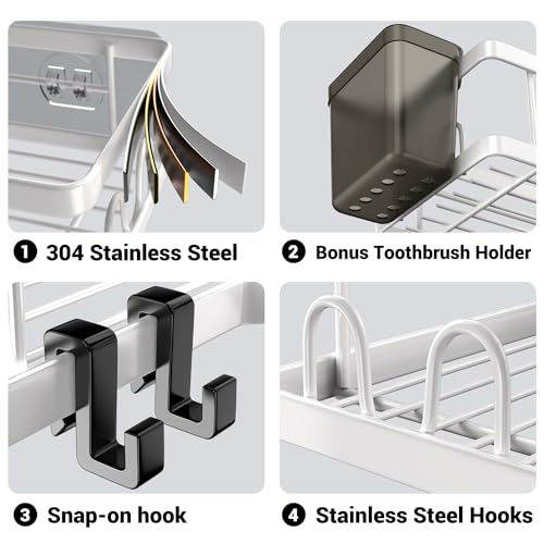AKTECKE Shower Caddy Corner Organizer Shelf: 2Pack Adhesive Shower Essentials Accessories - No-Drilling Stainless Steel Bathroom Storage Rack with Hooks and Toothpaste Holder - color: white, size: 9.6"×9.6"×2.6"
