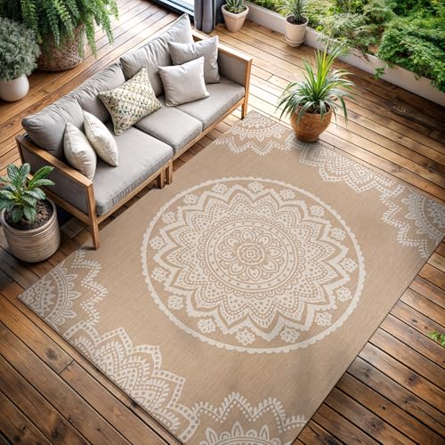CAMILSON Outdoor Rug 6x9 Modern Area Rugs for Indoor and Outdoor Patios and Porches - Waterproof, Washable, Non-Shedding, Easy-to-Clean Outside Carpet (6 x 9, Medallion - Beige/White) - color: Medallion - Beige / White, size: 6'7" x 9' (Rectangular)