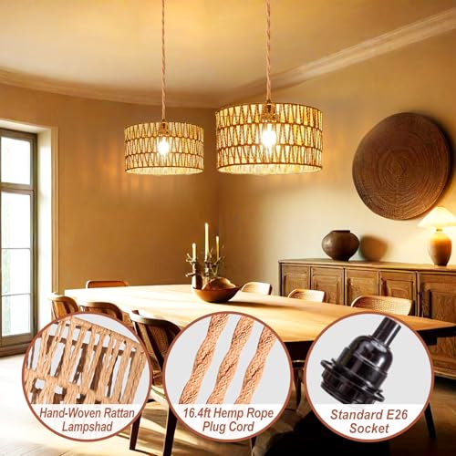 Plug in Pendant Light,Rattan Hanging Lights with Plug in Cord,Handmade Hanging Lamp Plug in,Rattan Light Fixtures Ceiling Hanging for Living Room Bedroom - size: 12.6 Inch-Barrel Shade
