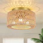 Rattan 3-Light Ceiling Light Fixture, Boho Flush Mount Ceiling Light, Modern Ceiling Light with Hand-Woven Shade for Bedroom Living Room Enterway Foyer