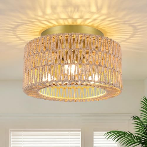 Rattan 3-Light Ceiling Light Fixture, Boho Flush Mount Ceiling Light, Modern Ceiling Light with Hand-Woven Shade for Bedroom Living Room Enterway Foyer