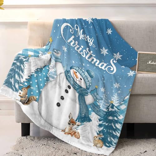 Christmas Throw Blankets, Blue Snowman Soft Fleece Blanket Decorative for Home Sofa Couch Chair Living Bedroom Dorm,40x50 Inches, Merry Christmas Tree Squirrel Deer - color: Christmas-blue Snowman, size: 40x50 Inch