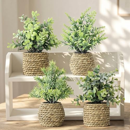 Small Fake Potted Plants: 9 Inches Artificial Plants with Seagrass Handwoven Planters, Indoor Farmhouse Decorations, Eucalyptus Plant for Home Bathroom Office Shelf Tabletop Desk Room Decor