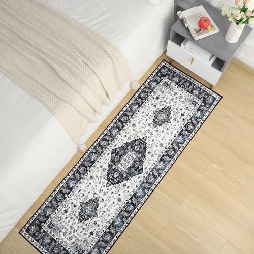 Amearea Vintage Design Runner Rugs for Living Room, 2x6 Machine Washable Floral Collection Traditional Bedroom Rug, Low Pile Cute Kids Room Print Carpet, No Slip Office Kitchen Home Decor, Black - color: Black, size: 2' X 6' (Runner)