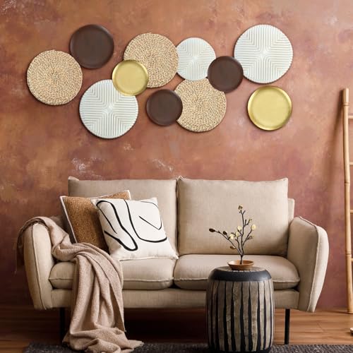 Yuntau 11 Pcs Boho Metal Wall Decor Rattan Golden Wall Art with Boho Basket Macrame Hanging Decor Rustic Farmhouse Artwork for Home Living Room Bedroom Office White Brown Decorations
