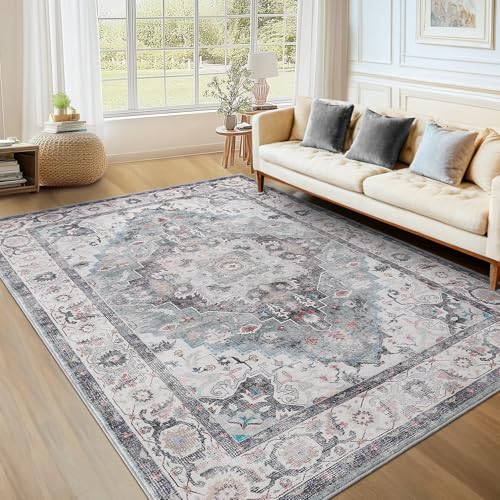 Area Rug 8x10 for Living Room - Mechine Washable Non-Slip Vintage Rugs for Bedroom - Low Pile Thin Large Floor Carpet for Dinning Room Home Office (Blue/Green, 8'x10') - color: Blue/Green, size: 8' x 10' (Rectangular)