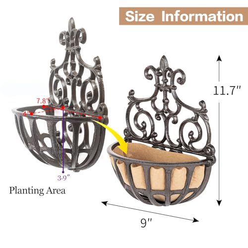 Sungmor 2PC Small Cast Iron Baskets, Heavy-Duty Wall Hanging Hollow Planter w/Fabric Liner, Antique Victoria Half Round Wall Pot Plants Holder, Outdoor Railing Fence Balcony Hanging Basket Flower Pot - color: Rustic Brown - Small