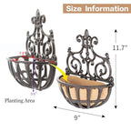 Sungmor 2PC Small Cast Iron Baskets, Heavy-Duty Wall Hanging Hollow Planter w/Fabric Liner, Antique Victoria Half Round Wall Pot Plants Holder, Outdoor Railing Fence Balcony Hanging Basket Flower Pot - color: Rustic Brown - Small