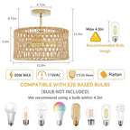 Rattan Ceiling Light Fixture, Boho Farmhouse 3-Lights Semi Flush Mount Ceiling Lamp with Hand-Woven Cage LampShade, Rustic Modern Gold Chandelier for Bedroom Closet Hallway Kitchen Nursery