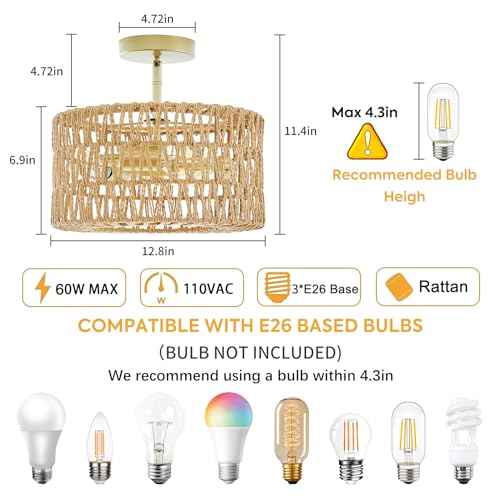 Rattan Ceiling Light Fixture, Boho Farmhouse 3-Lights Semi Flush Mount Ceiling Lamp with Hand-Woven Cage LampShade, Rustic Modern Gold Chandelier for Bedroom Closet Hallway Kitchen Nursery