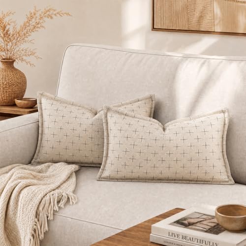 AVOIN colorlife Pack of 2 Decorative Throw Pillow Covers 20x12 Inch, Flange Edges Woven Textured Cushion Case Home Decor for Couch Sofa Bed Living Room Beige - color: Beige, size: 20" x 12" (Pack of 2)