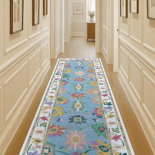 Fame Living Colorful Oushak Runner Rug, Modern Runners, Turkish, Eclectic, Floral, Pastel, Washable, Small Throw Rugs, Short Runner for Entryway, Laundry, Foyer, Bedroom, Kitchen, Bathroom, 2'5"x6'5" - color: Navy Cream, size: 2'6" x 6'6" (Rectangular)