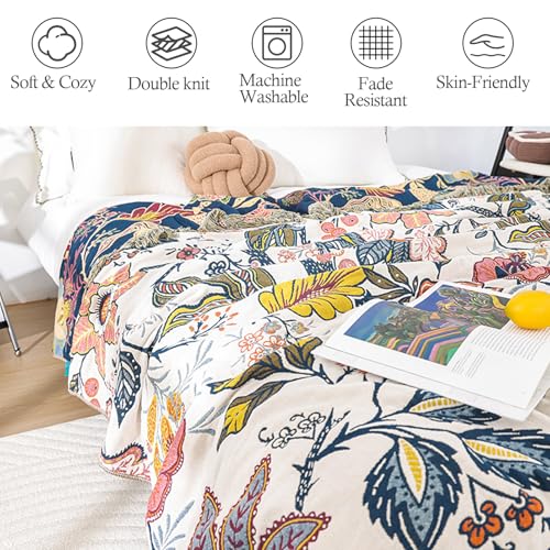 Snycler Boho Throw Blanket for Bed, 100% Organic Cotton Muslin Soft Throw-Floral Farmhouse Rustic Spring Summer Fall Decor Blanket for Couch Sofa Quilt and Gift, 60" x 80" White - color: White Boho Floral, size: 60"x80"