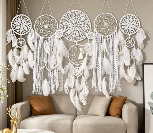 Set of 5 Boho, Hanging Large Boho Dream Catcher Wall Hanging Moon Dream Catcher Set Dream Catchers Wall Decor for Vintage Wedding Home Decorations (WHITC) - color: Whitc