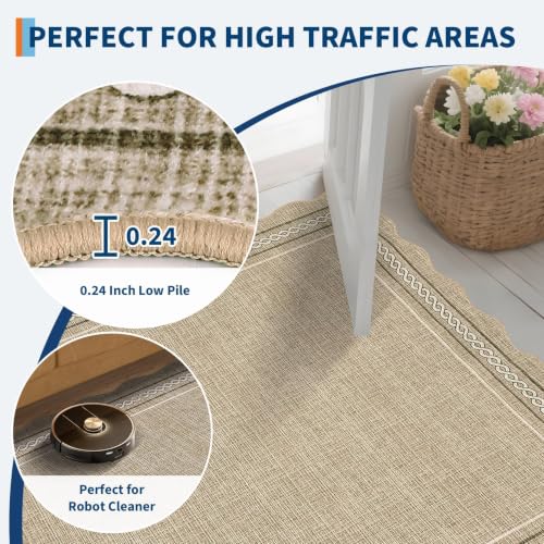 GarveeHome Scalloped Door Mat 2x3 Indoor Rugs for Entryway Washable Non-Slip Solid Small Rug Modern Soft Low-Pile Stain Resistant Carpet for Bedroom Kitchen Entrance Laundry, Jute Color - color: Jute Color, size: 2' x 3' (Rectangular)