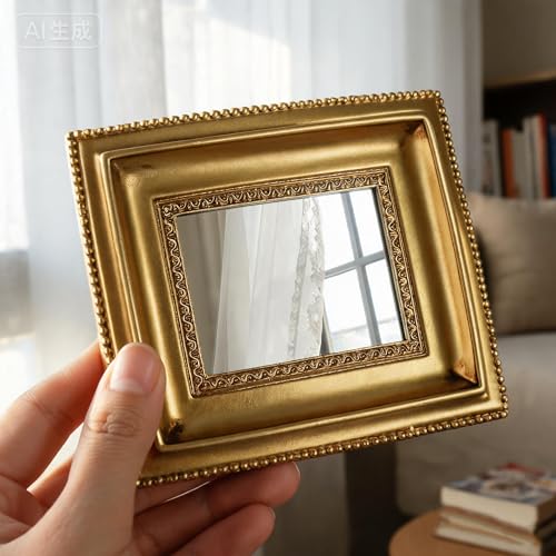 Golden Mini Vintage Mirror with Exquisite Relief Elegant Wall Decor for Bedroom Dresser Table Compact Resin Retro Design (Gold Rectangle, 4.5X5.5) - color: Gold Rectangle