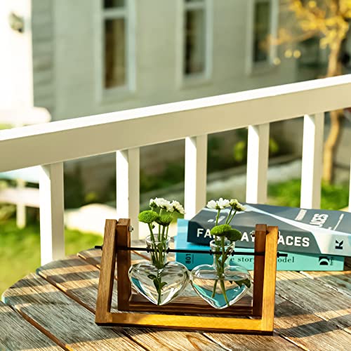 Kingbuy Glass Desktop Planter with Retro Wooden Stand and Plant Terrarium Vase (2 Hearts) for Indoor Home Office Desk Decor Accessories - size: Heart 2 Bulb