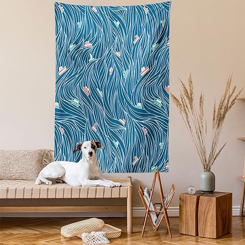 Ambesonne Nautical Tapestry, Waves Ships Cartoon Nautical Sailboat Vacations Travel Pattern, Wall Hanging for Bedroom Living Room Dorm Decor, 40" X 60", Petrol Blue Jade Green - color: Petrol Blue Jade Green, size: 60"L x 40"W
