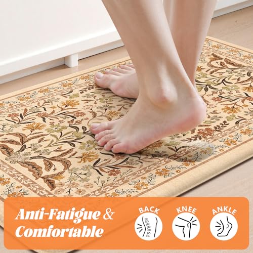 Collive Kitchen Mats for Floor, Cushioned Anti Fatigue Mat Fall Orange Floral Kitchen Rugs Non Slip Washable, Comfort Standing Rug for Sink Laundry, Office, Desk, Fall Decor, 17"x29"+17"x47" - color: Orange, size: 17.3"x47"+17.3"x29"