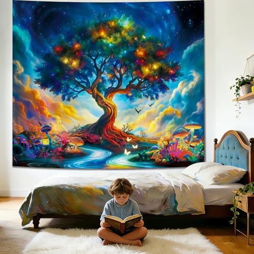 Apdidl Tree of Life Space Tapestry for Bedroom, Nature Galaxy Starry Sky Mushroom Posters Tree Wall Tapestries, Colorful Cloud Landscape River Wall Hanging Aesthetic for Living Room Decor 51"X60" - color: Tree of Life Tapestry, size: 60"L x 51"W