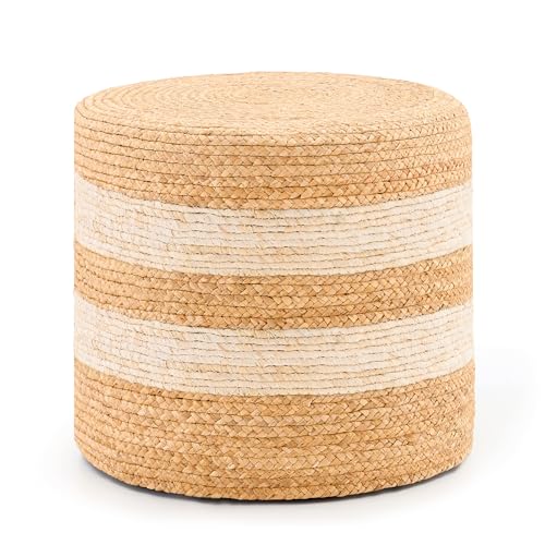 Handmade Water Hyacinth Ottoman - 17.7" Round Woven Foot Stool with High-Density Padding - Decorative Straw Pouf for Living Room & Bedroom, Boho Floor Seating & Small Tea Table, White