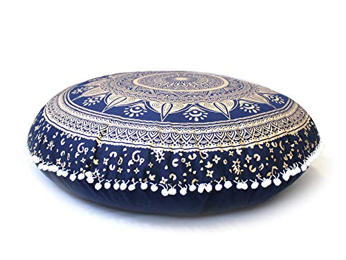 CRAFT KALA 32 Inch Meditation Floor Pillow Cover Round Pillow Seating Hippie Decorative Adults Bohemian Mandala Cushion Cover Outdoor Living Room Throw Ottoman Poufs Cover (Blue Gold Trishul) - color: Blue Gold Trishul