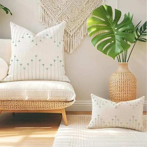 ZONYO Boho Throw Pillow Covers 20x20 Set of 2, Outdoor Textured Woven Cotton Decorative Cushion Covers with Fringe Tassel, Fade Resistant Washable for Couch Sofa Bed Patio Chair, Sage Green - color: Green, size: 20" x 20" (Pack of 2)
