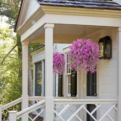 Ammyoo Artificial Fake Hanging Flowers with Basket for Outdoor Spring Decoration, Faux Silk Daisy Flower Real Touch Hanging Plants UV Resistant for Outside Porch Patio Garden Yard Home Decor(Purple) - color: Purple