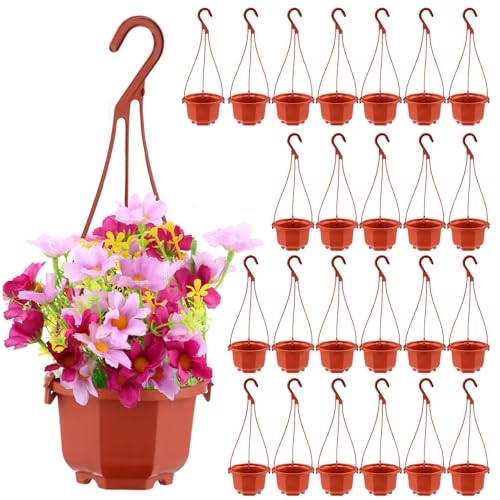 Roshtia 24 Pcs Hanging Plastic Planter Pot with Hook Flower Pots Baskets Hanging Nursery Planter Holder for Outdoor Indoor Plant Garden(Brown,3.7 Inch) - color: Brown, size: 3.7 Inch