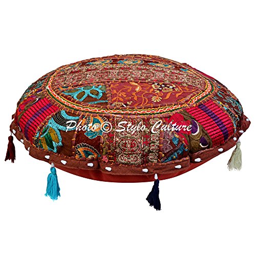 Ethnic Yoga Throw Pillows for Bedroom Vintage Bohemian Patchwork Cushion Cover Dark Brown Round Throw Pillow 18 Small Decorative Seat Pouf Cover Footstool Cotton Embroidered 1 Pc - color: Dark Brown