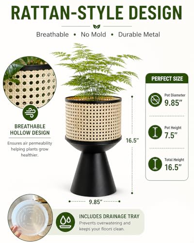 PandS Metal Planter with Stand Beige Rattan-Style Indoor & Outdoor Plant Pot, 12 Inch Decorative Planter with Drainage for Herbs, Succulents & Cactus