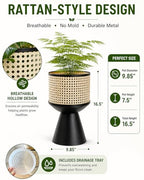 PandS Metal Planter with Stand Beige Rattan-Style Indoor & Outdoor Plant Pot, 12 Inch Decorative Planter with Drainage for Herbs, Succulents & Cactus