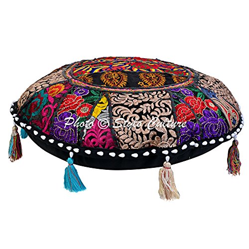 Indian Round Boho Floor Pillow Vintage Patchwork Cushion Cover Black Throw Pillow Cover 18 Small Decorative Decor Seating Tuffet Seat Pouf Cover Footstool Cotton Embroidered 1 Pc - color: Black