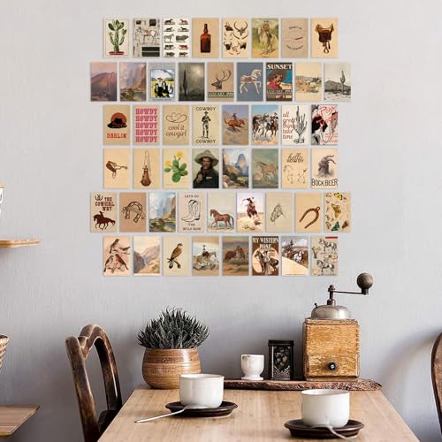 KBKBART 50 Pcs Vintage Western Cowboy Pictures Wall Decor, Farmhouse Western Wall Art Prints, Southwestern Boho Old Wild Collage Kit 4"x6", Vintage Cowgirl Aesthetic Poster for Bedroom, Teen Girl Dorm Decor - color: Western