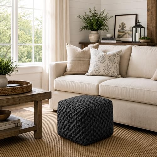 Casafield Square Pouf Ottoman, Black - 18.5" W x 18.5" D x 14.5" H Cotton Knit Foot Stool - Boho Floor Pouffe for Living Room, Bedroom, Home Office - color: Black, size: 18.5"D x 18.5"W x 14.5"H