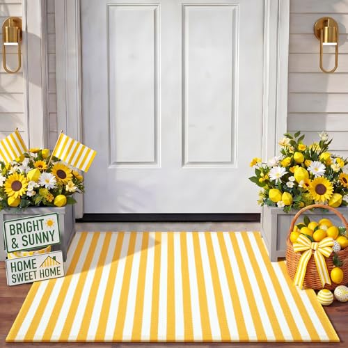 Moucuny Yellow and White Summer Striped Rug 2' x 3' Outdoor Indoor Front Porch Door Mat Polyester Washable Entryway Rug for Kitchen, Bathroom, Living Room, Dorm Farmhouse Decor - color: Yellow and White, size: 2' X 3', style: Vertical Stripe
