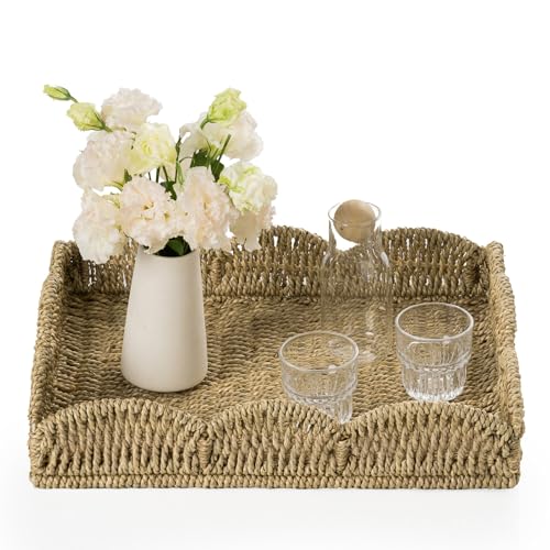 Wicker Tray, Handwoven Woven Tray with Handles and Scalloped Edge, Rectangle Wicker Basket for Home Decor and Organizing, 17.3" L x 13.4" W x 3.6" H - color: Seagrass-scalloped, size: 17.3" x 13.4" x 3.6"