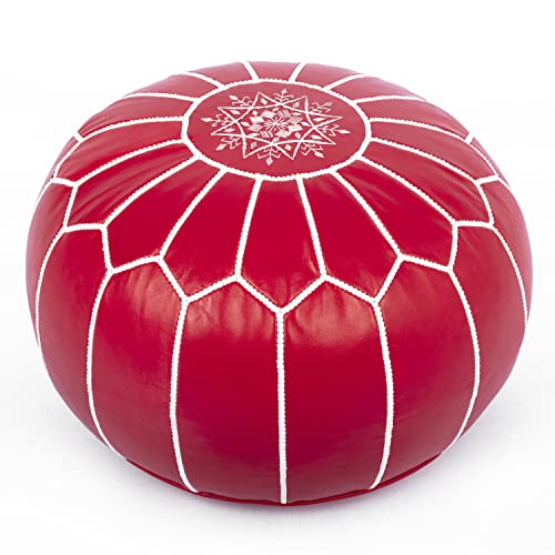 Marrakesh Gallery Genuine Leather Round Pouf Unstuffed - Moroccan Ottoman Footstool, Footrest Cover - Boho Decor - Bohemian Living Room, Bedroom, Kids Room, Gift & Wedding - color: Red