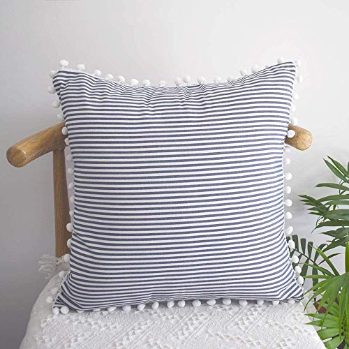 HOPLEE Decorative Pillow Covers 16x16 Farmhouse Stripe Pillows Covers Navy Blue Pillow Covers with Pom Pom for Home Decor 16x16 Inches Set of 2 - color: Navy Stripe Pom, size: 16" x 16" (Pack of 2)