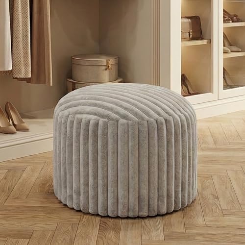Round Stuffed Pouf Ottoman, Stripe Faux Fur Footrest, Solid Block Support+Soft Cushion Comfort, Removable Washable Cover, 20" Floor Pouf for Living Room Bedroom Dorm Vanity Under Desk, Gray - color: Grey