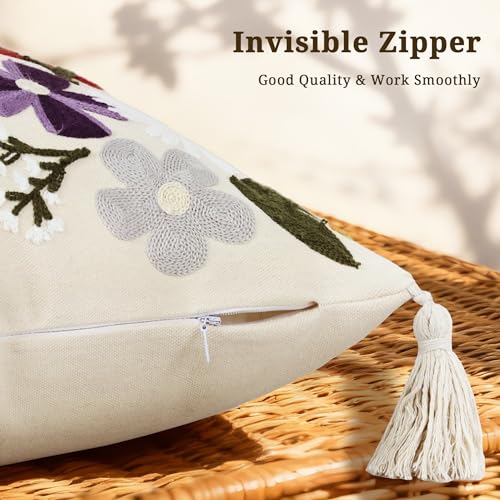 Floral Embroidered Pillow Covers 18x18 Inch Set of 1, White Daisy Decorative Throw Pillow Covers with Tassels, Spring Farmhouse Purple Flowers Cushion case for Couch Sofa Bed Living Room - color: Blooming Daisy