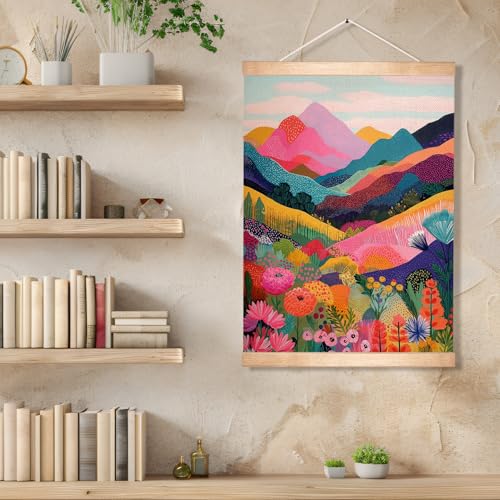HEYJEEPER Colorful Landscape Wall Art, Vibrant Mountain & Floral Nature Poster, Boho Abstract Wall Hanging Decor,Colorful Landscape Wall Artfor Living Room, Bedroom, Office 18.5x14Inch - color: Red-Mountain