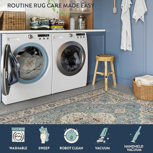 Lahome Felice Floral Medallion Runner Rug - 2x5 Laundry Rug Runner Soft Non-Slip Washable Low-Pile Bathroom Mat, Indoor Throw Floor Carpet Runners for Kitchen Entryway Bedroom RV, Sky/Baby Blue - color: Sky/Baby Blue, size: 2' x 5' (Runner)