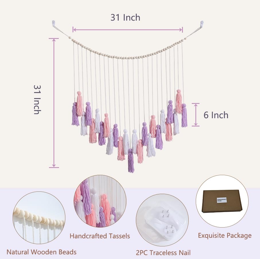 Boho Spring Easter Wall Decor Purple & Pink Tassels Garland Macrame Wall Hanging with Wooden Beads for Nursery Girls Bedroom Gift Party Dorm Living Room Home Decor Aesthetic - color: Purple