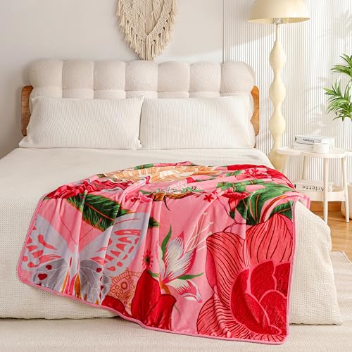 Tyrot Pink Boho Floral Flannel Fleece Twin Blanket – Soft, Warm & Lightweight Fuzzy Blanket for Couch, Bed, or Sofa Decor, Cute Botanical Design Throw for Women & Girls, 60''x80'' - color: Boho Rose, size: Twin(60''x80'')
