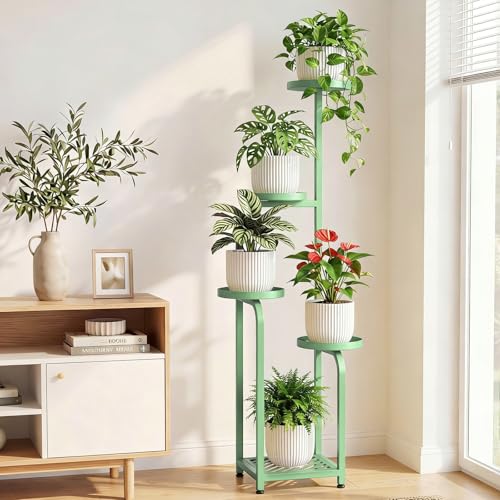 TOSKING 5 Tier Tall Plant Stand Indoor Outdoor,Anti-Tip Plant Stand indoor, Wide Base for Pots, Child and Pet Friendly,Heavy Duty Corner Shelf for Plants & Decor, Space Saving ,Tiered Metal Flower Pot Stand for Balcony, Garden, Living Room, Patio ( Sage G